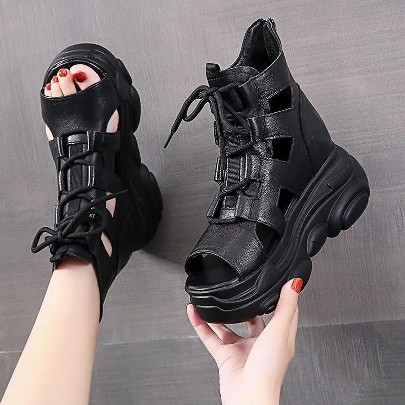 Fish Mouth Sandals Fashion Women's Boots with Increased Slope Heels Summer All-match Thick-soled Sponge Cake Roman Beach Shoes