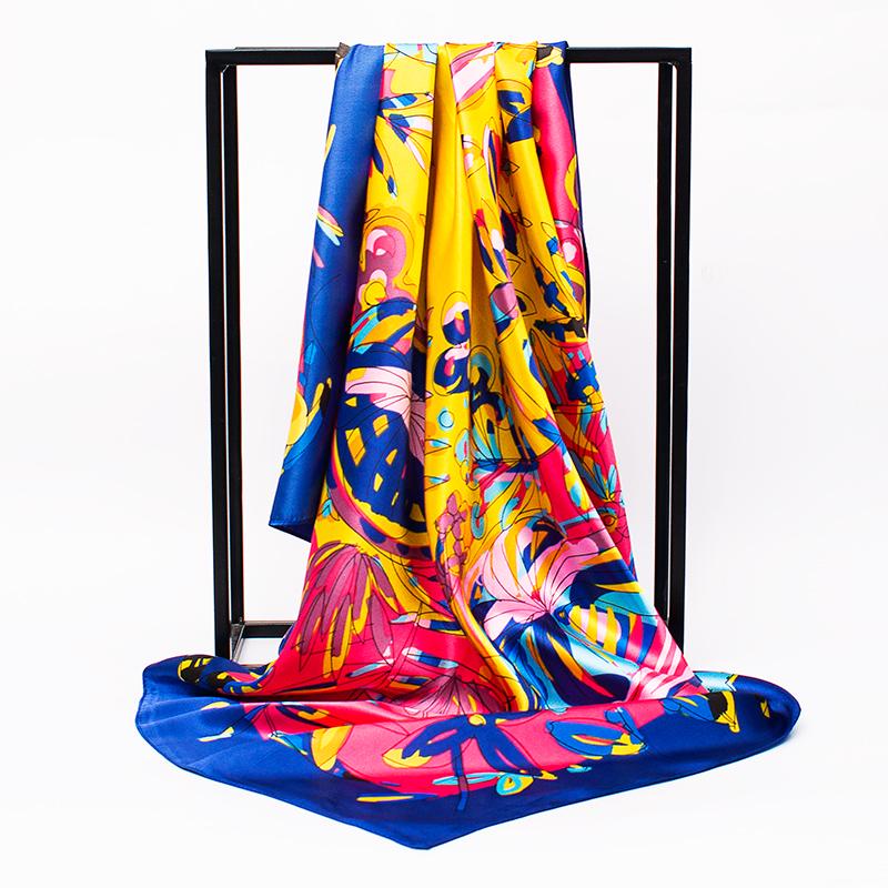 Square Silk Scarf 90*90cm Women Flowers Big Bandana Hijab Head Satin Silk Scarves Shawl