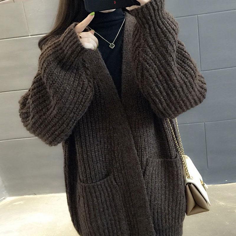 Knit Cardigan Sweater Coat Women Fashion Big Pocket Sweater Large Size Mid-length Loose