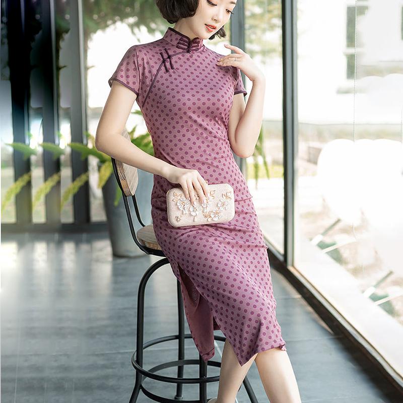 High-end Daily Cheongsam Dress Spring and Summer Knitting Improved Cheongsam Dress Mid-length Temperament Mother