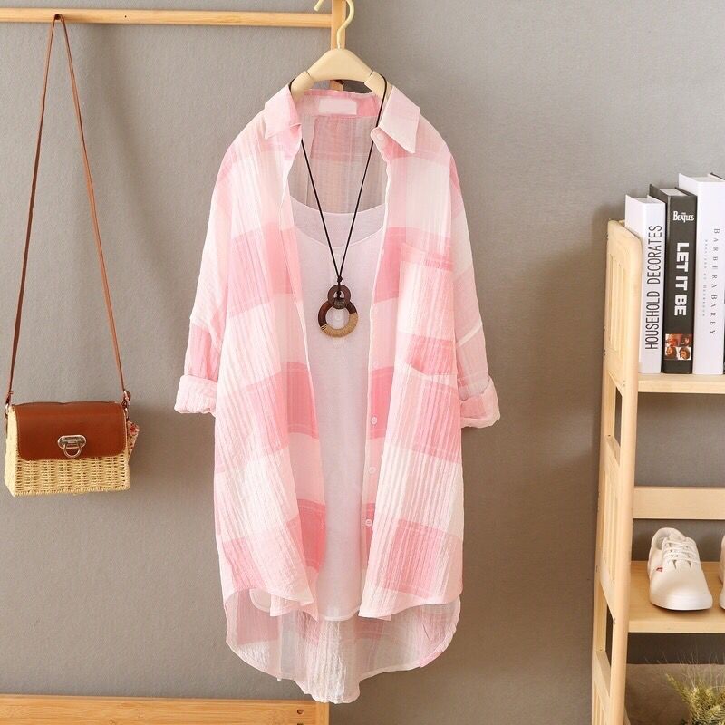 Women's Mid-length Plaid Shirt Long Loose Jacket Women's Sun Protection Clothing Large Size Loose Thin Jacket Ladies Long Chiffon Shirt