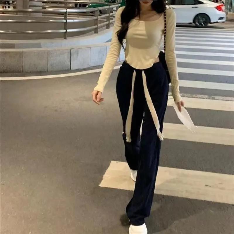 2PCS Women's Loose Wide-leg Pants Suit Slim Long-sleeved T-shirt + Loose Trousers Casual Two-piece Set Jogging Suits for Girl