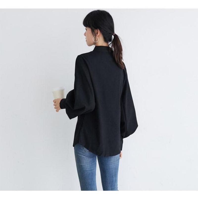 Black Stand-up Collar Shirt Women's Design Sense Niche Light Familiar French Temperament Shirt Retro Hong Kong Flavor Lantern Sleeve Top