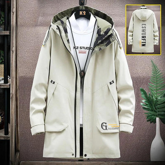 Spring & Fall Hooded Jacket Men Large Size Workwear Soft Comfortable Coat Solid Color Casual Windbreaker Long