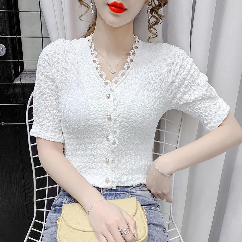 Women Lace Slim Shirt Button Cutout Cardigan V-neck Short Sleeve Top Casual Shirt French Vintage Top