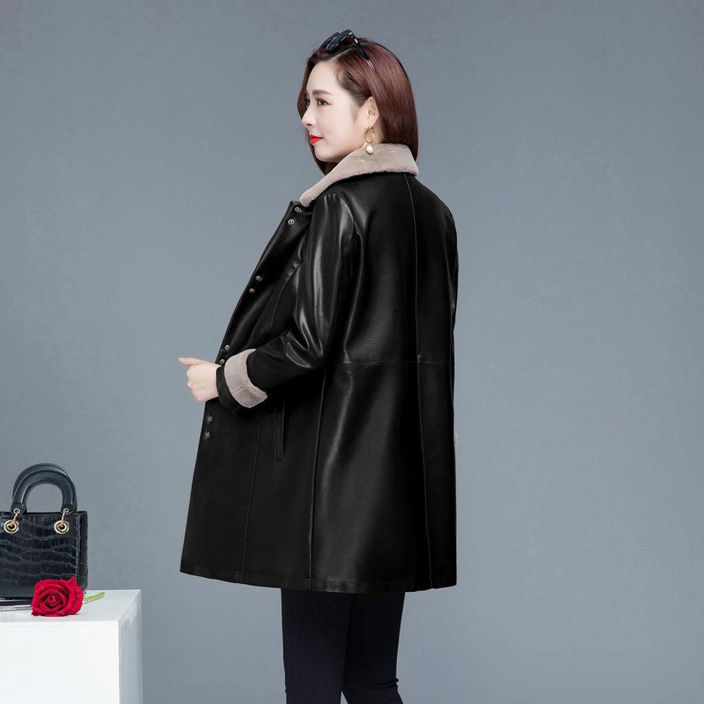 Winter Fashion Cool Leather Jacket Thick Velvet Leather Jacket Women's Mid-length Plus Velvet Thick Leather Coat Leather Jacket  Parka Coat