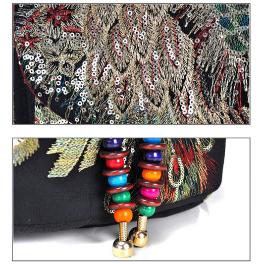 Vintage Women Backpack Embroidery Peacock Sequin Rucksack National Boho Beads Travel School Bag