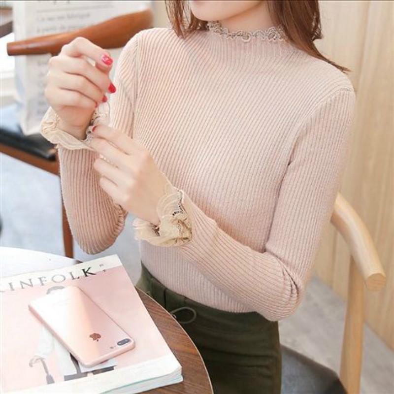 Pofulove autumn and winter sweater women's lace lace slim top long-sleeved pullover solid color base sweater women