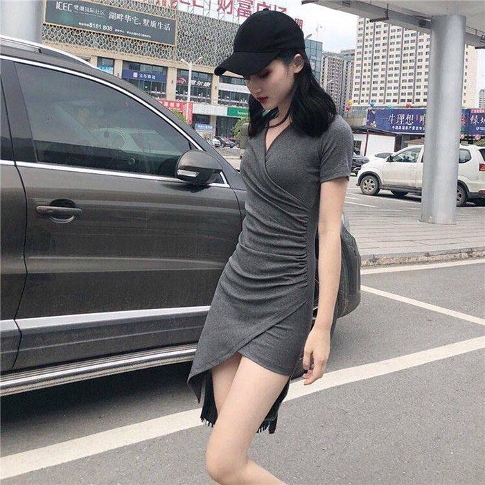 Pofulove Women Sexy Skinny Dress V-neck Bag Hip Short Sleeve Dress Over The Knee Irregular Dresses