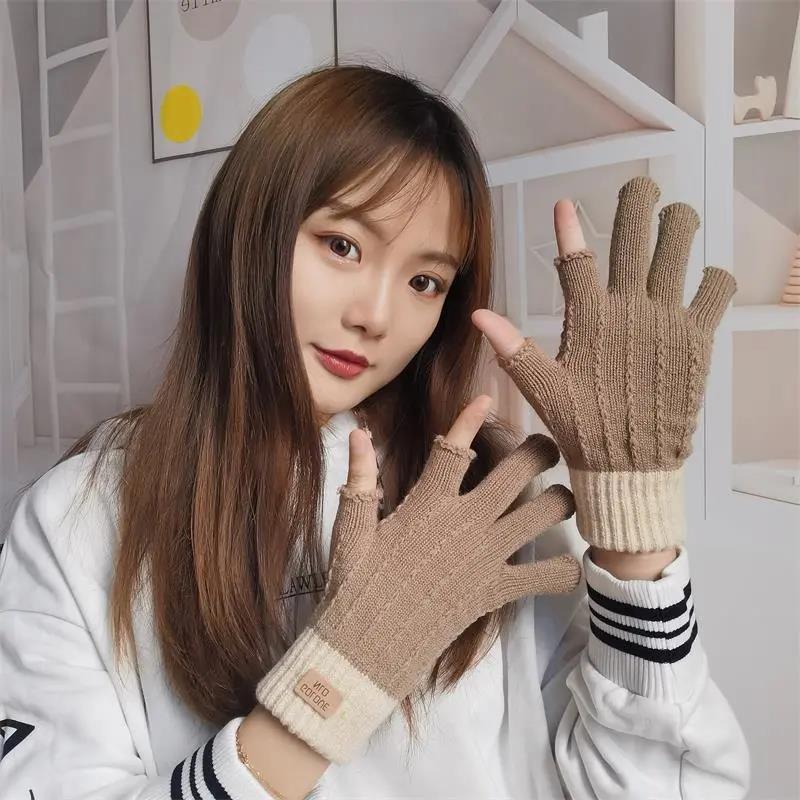 Women's Winter Gloves Warm Thick Touch Screen Half-finger Knitted Woolen Show Two Fingers Working Driving Office Gloves Fingerless Mittens