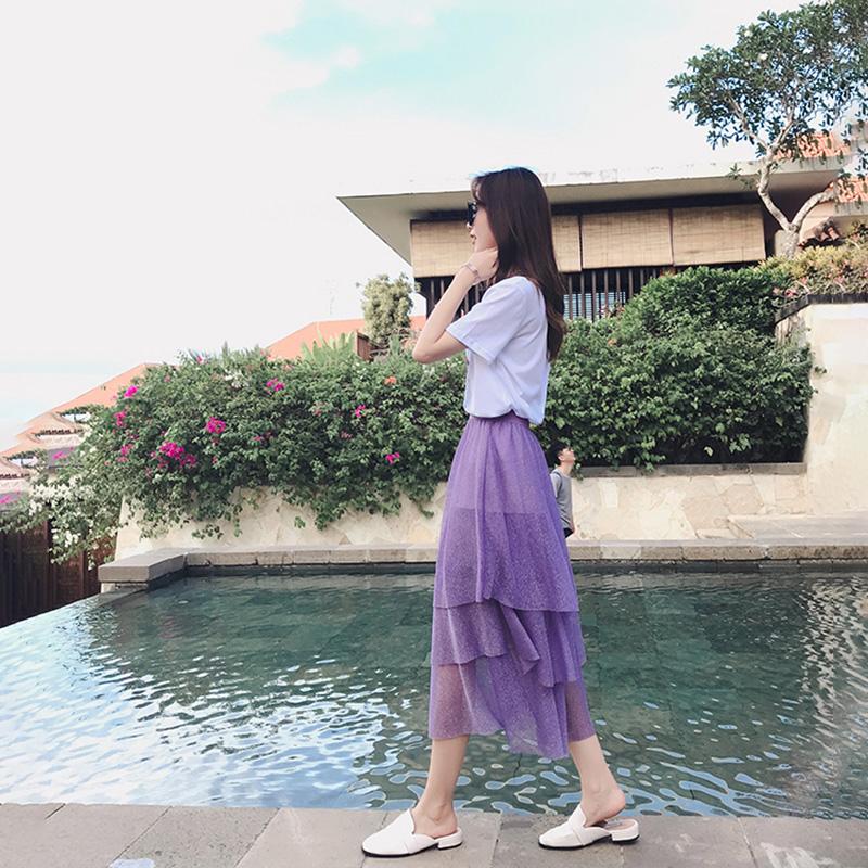 Suit Clothes Fairy Skirt Suit Super Fairy Net Yarn Cake Long Skirt Two-piece Sweet and Cute Purple Skirt Round Neck Short Sleeve T-shirt Skirt