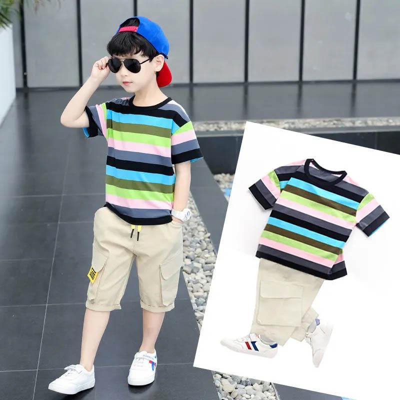 Boys Striped Color Contrast Design Short-sleeved Comfortable Breathable Five-point Pants Suit Summer Cotton Sweat-absorbing Soft Two-piece Suit