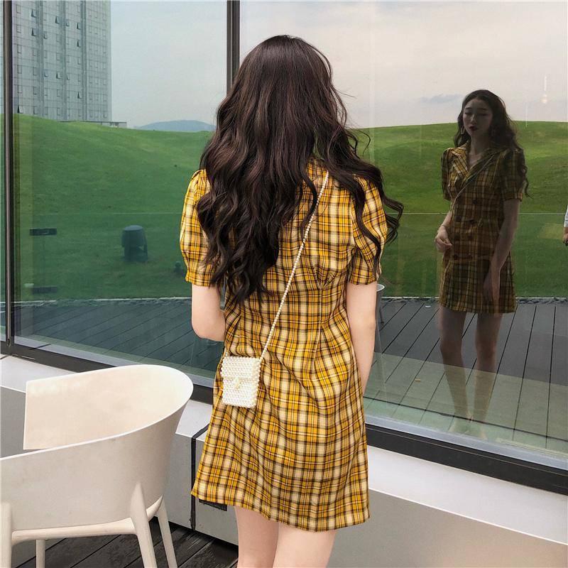 Vintage Women Dress Suit Collar Plaid Summer Dress Double-breasted Short Sleeve Ladies Dress 2020