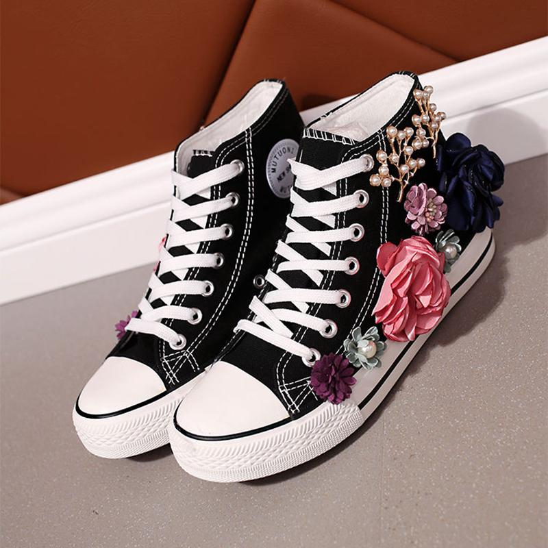 Popular Canvas Shoes Small White Shoes Women's High-top Handmade Custom Three-dimensional Flower Pearl Flat Casual Student Shoes