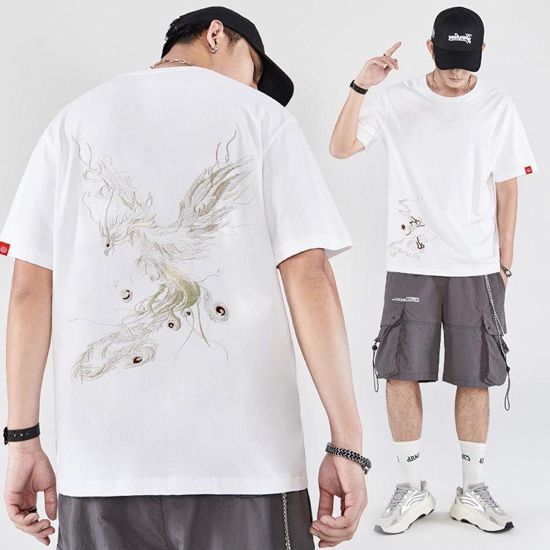 Large Size Pure Cotton Half-sleeved Trend Loose Short-sleeved T-shirt Chinese Style Men's Phoenix Embroidery T-shirt