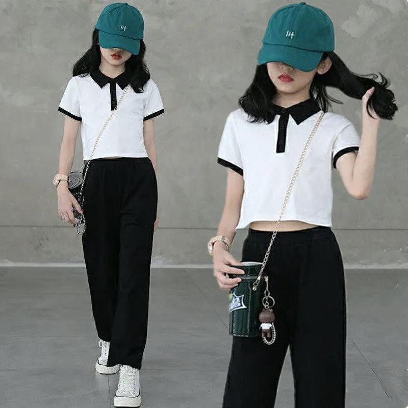 Girls Suit Summer Thin Button T Shirt Wide Leg Pants High Waist Two-piece Set Korean Loose Anti-mosquito Pants