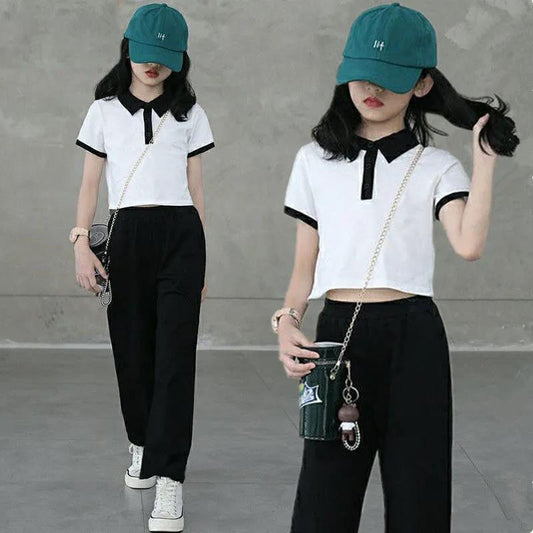 Girls Suit Summer Thin Button T Shirt Wide Leg Pants High Waist Two-piece Set Korean Loose Anti-mosquito Pants