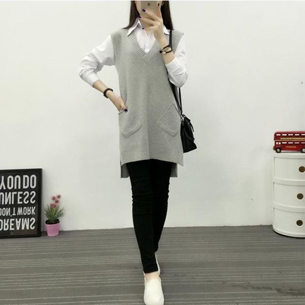 Autumn and Winter Mid-length Knitted Vest Women Loose Hedging V-neck Vest Thickened Large Size Waistcoat