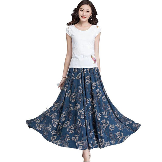 Printed Chiffon Skirt A-line Skirt Temperament Beach Skirt Large Swing Skirt Thin Breathable Ice Silk Floral Skirt