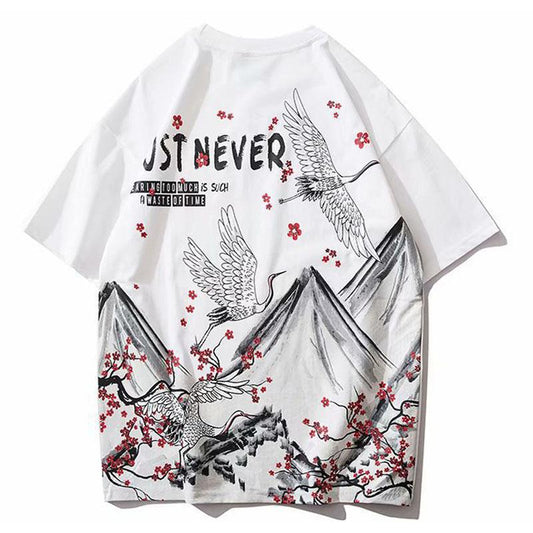 Couples T-shirts Hip Hop Trendy Chinese Style Mountain Bird Print Tees Summer Ladies O-neck Short Sleeve Casual Shirts Men Clothing