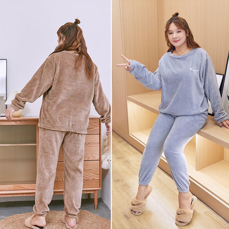 Over Size Women's Autumn Winter Warm Sleeping Suit Coral Velvet Loose Thickening Home Wear Long-sleeved Pajamas Pants Two-piece Set