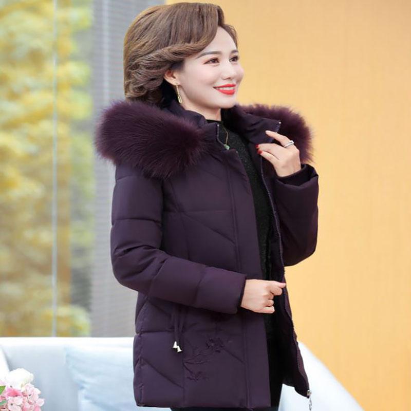 Winter Down Cotton Jacket Fashion Fur Collar Hooded Mid-length Jacket Thick Warm Cotton Jacket Suitable for Middle-aged Women