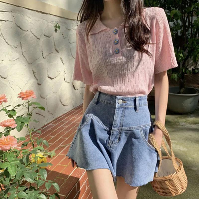 Summer Sweet and Cool Chic Short-sleeved Women's Thin Trendy Design Niche Knitted POLO Collar T-shirt Top