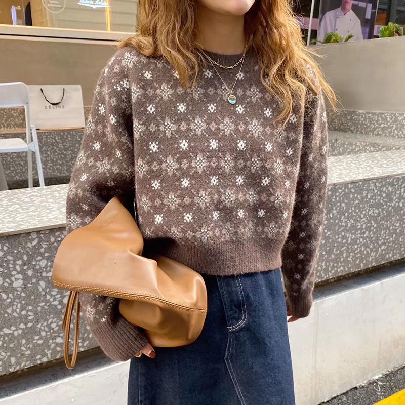 Women Autumn Fashion Sweater Casual Knitting Sweater Print Round Neck Pullovers Loose Casual Long Sleeve Sweater