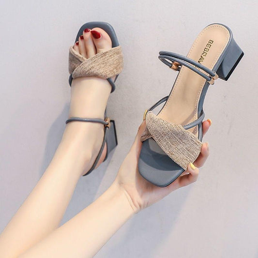 Large Size Women's Shoes Fairy Style High-heeled Sandals Mid-heel All-match Thick-heeled Sandals and Slippers