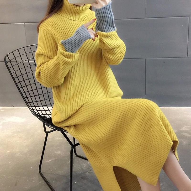 Mid-length High Neck Over-the-knee Sweater Women Autumn and Winter Korean Loose Solid Color Long-sleeved Student Knit Base