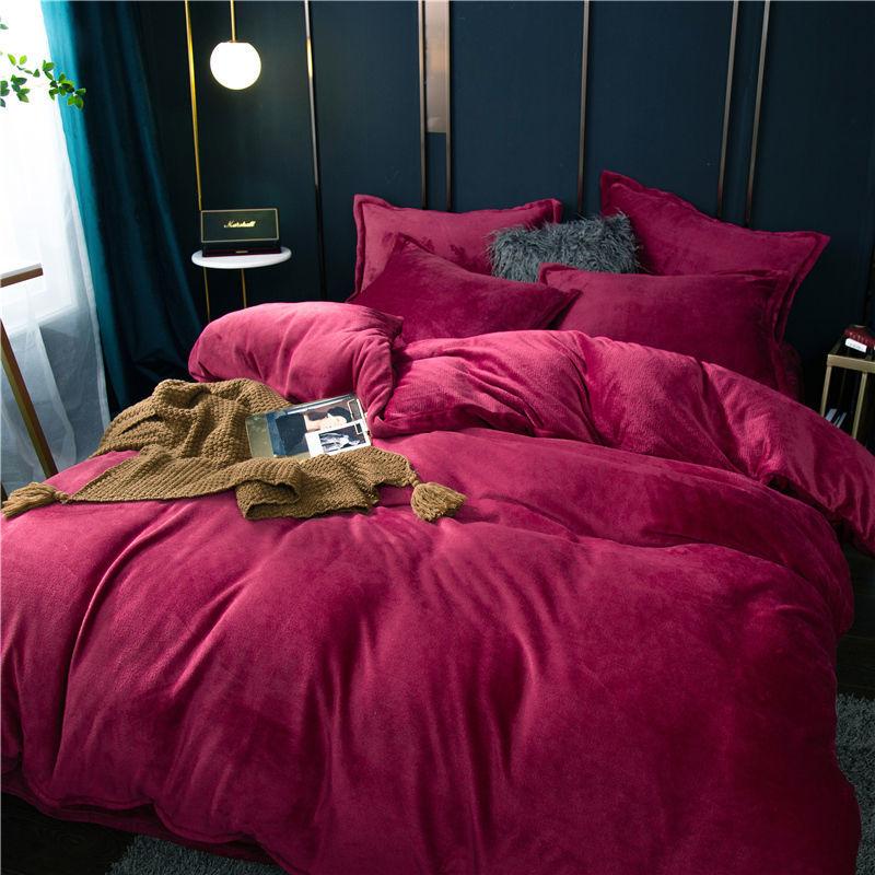 Four-piece Solid Color Fleece Coral Fleece Duvet Cover Thick Sheets Double-sided Fleece Student Winter Bedding