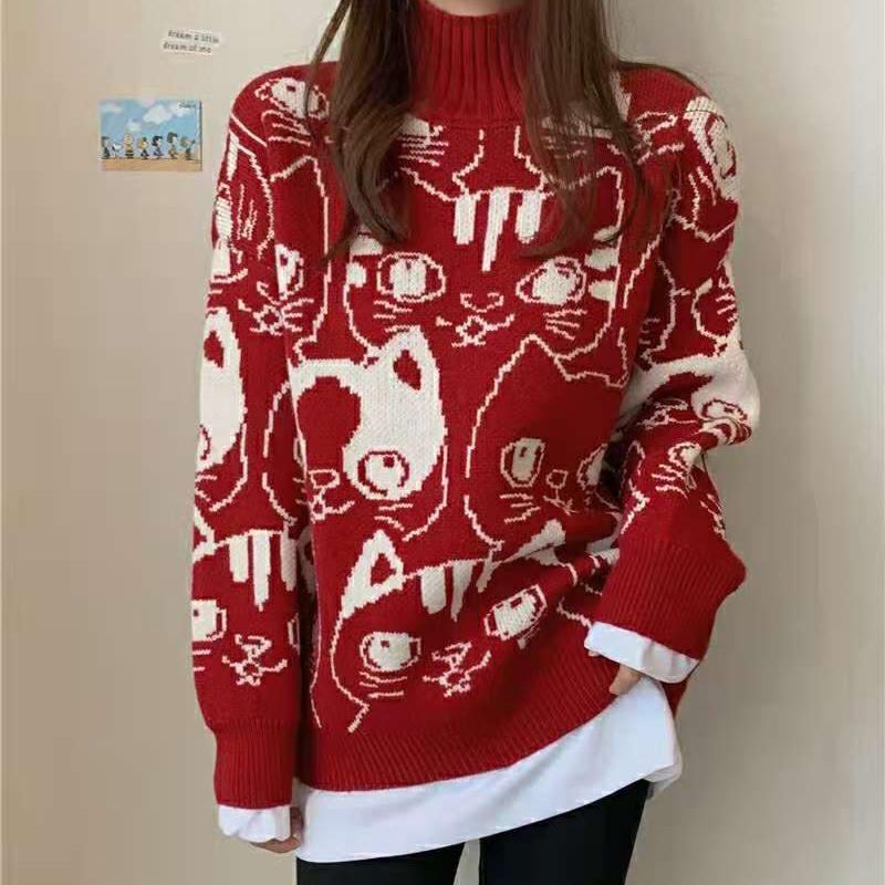 Autumn Winter  Women Fashion Sweater Casual Knitting Sweater Print Round Neck Pullovers Loose Casual Long Sleeve Sweater