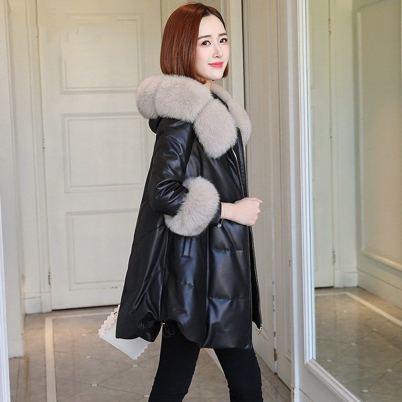 Mid-length PU Leather Cloak Jacket Ladies Down Padded Jacket Winter 2021 Thick New Jacket Women