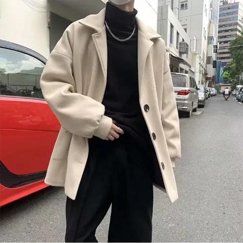 Men's Casual Windbreaker Medium and Short Woolen Thick Coat Tooling British Style Warm Long-sleeved Button Coat