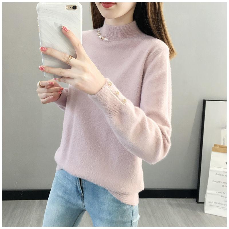 Autumn and Winter Half High Neck Thick Sweater Mohair All-match Loose Jacket Women Casual Knitted Women Bottoming Shirt