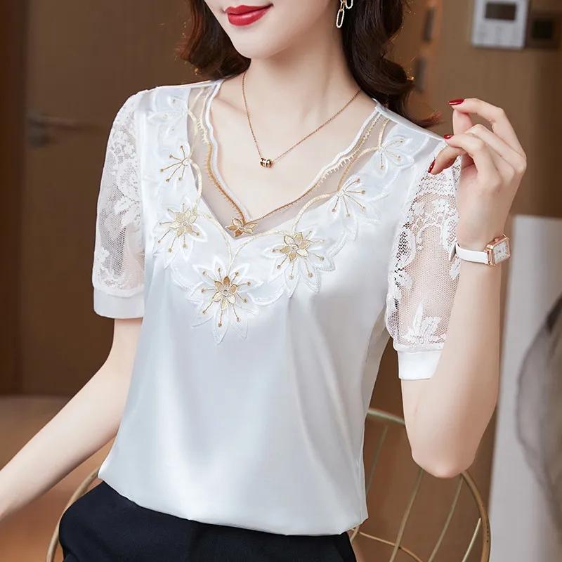 Chiffon Shirt Short-sleeved Summer Women's Large Size Lace Top Women's Loose T-shirt Small Shirt