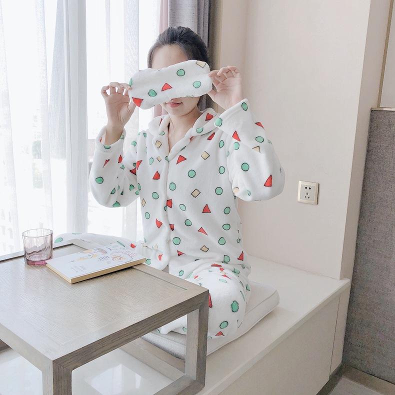 Flannel Cartoon Cute Pajamas Suit Women Winter Coral Fleece Homewear Autumn Thickening Sleepwear Set Geometry Winter Warm Nightwear Top and Pant Sets