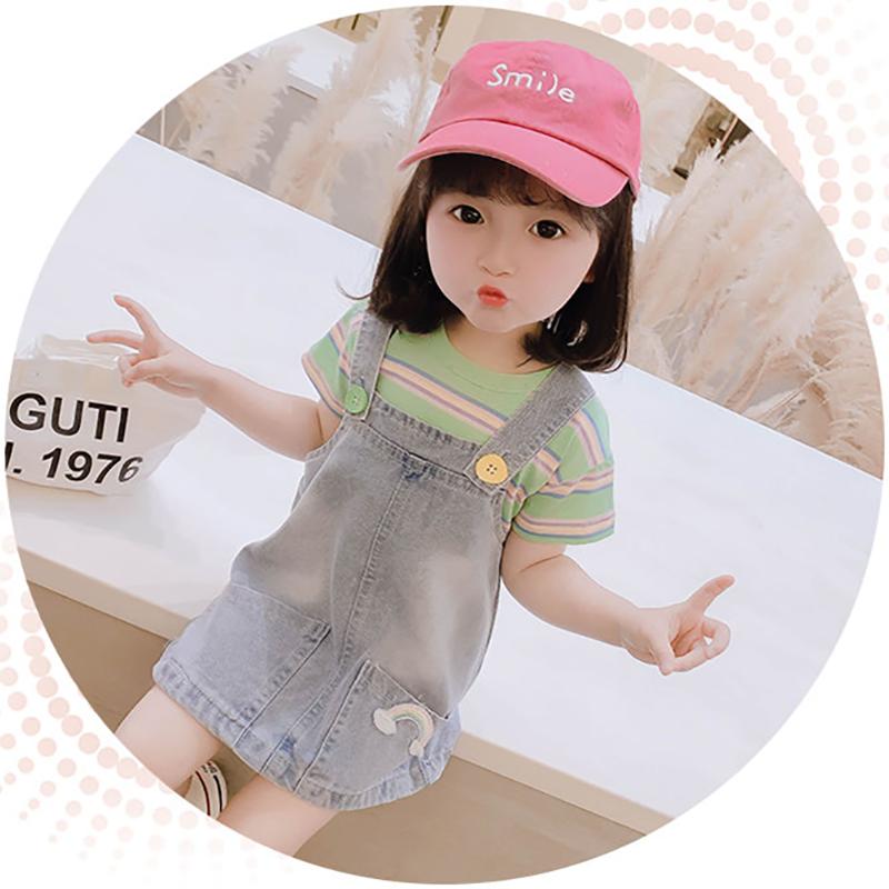 2PCS Children Clothing Set Spring Summer Girls Suits Printing Short Sleeve Stripe Tops + Suspender Skirt Clothing Set