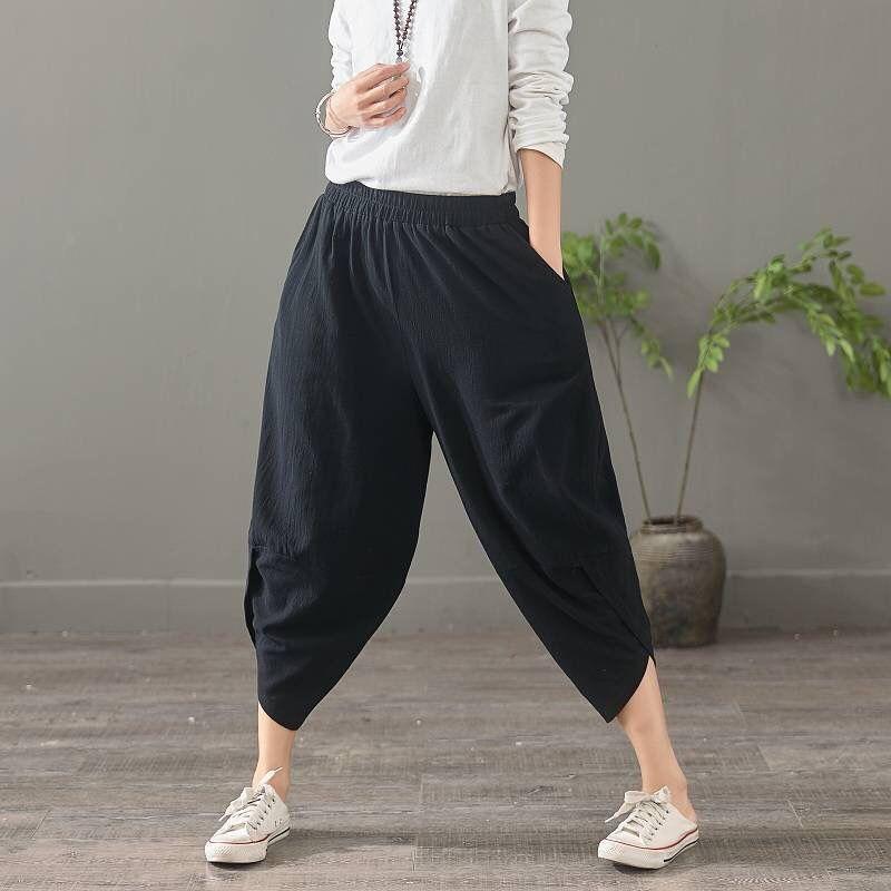 WTEMPO Large Women's Pants Linen Solid Color Cotton Linen Pants Eight Point Loose Casual Harem Pants Summer Thin