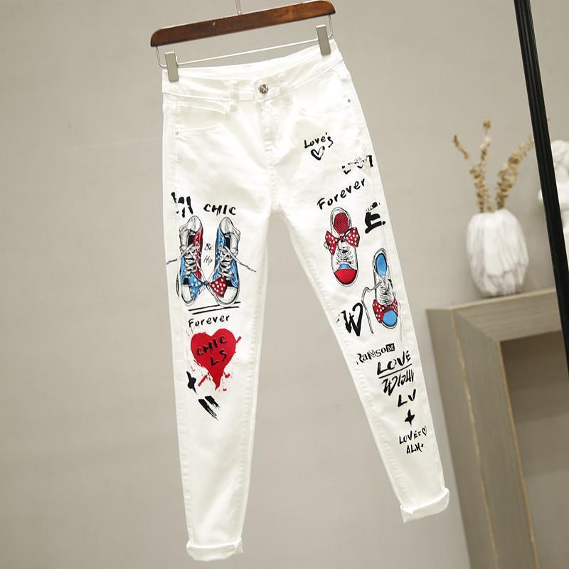 WTEMPO Hip Hop Street Style White Jeans Female Spring, Autumn and Summer Tight Printing Slim High Waist Denim Pants