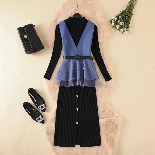 Three-piece Suit Autumn and Winter Ladies Waistcoat Knitted Tops Women's High Waist Bag Hip Skirt Waist Slimming Ladies Elegant Sweater Suit