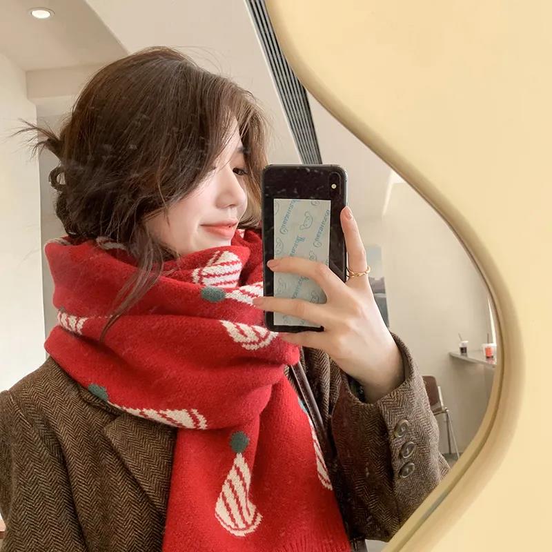 Winter Women's Double-sided Cashmere Scarf Handmade Knitted Printing Scarf Thickened Warm Christmas Scarf Christmas Gift