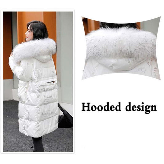 Winter Women's Bright Face Wash-free Down Padded Jacket Korean Style Loose and Thick Mid-length Large Fur Collar Padded Jacket Tide