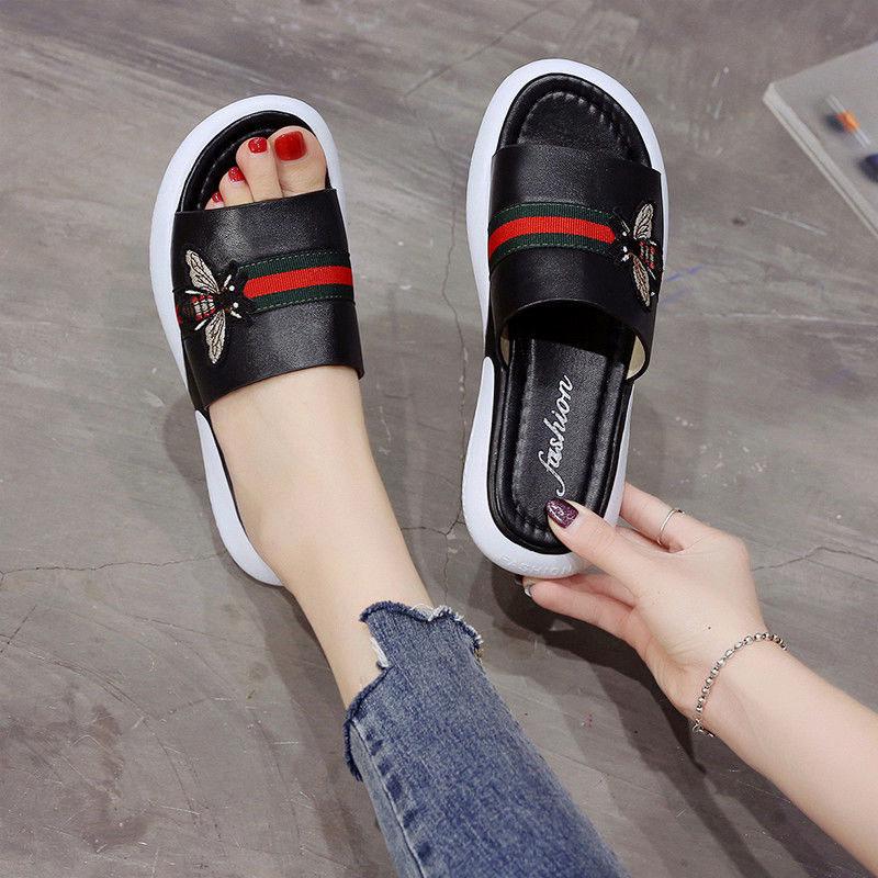 Plus Size 35-40 Summer Women PU Leather Slippers Outdoor Flat Bohemian Beach Wear-resistant Non-slip Office Lady Bee Sandals