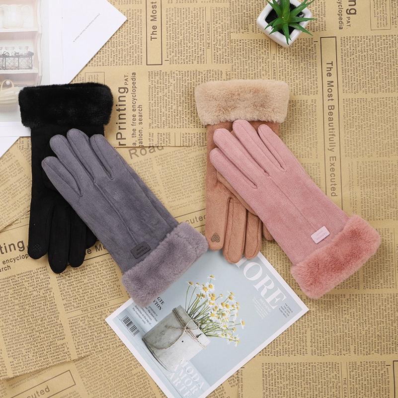 Women's Suede Gloves Winter Double Furry Gloves Warm Snowflake Embroidery Outdoor Fashion Gloves