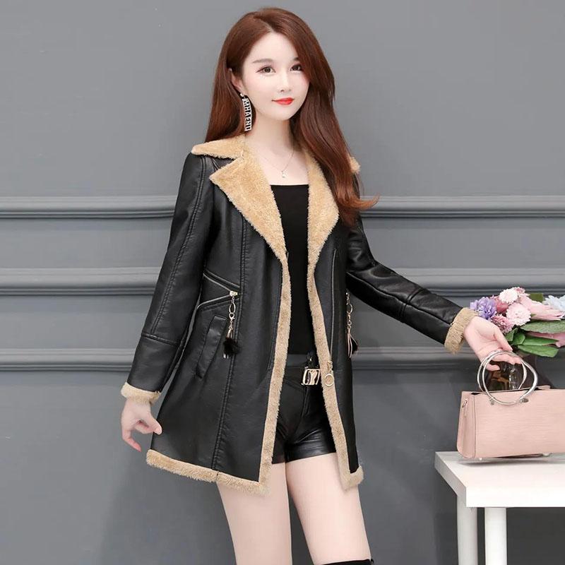 Winter Women's Leather Fashion Fur Coat Lamb Fur Coat Plus Velvet Thickening Medium Long Large Size Leather Coat