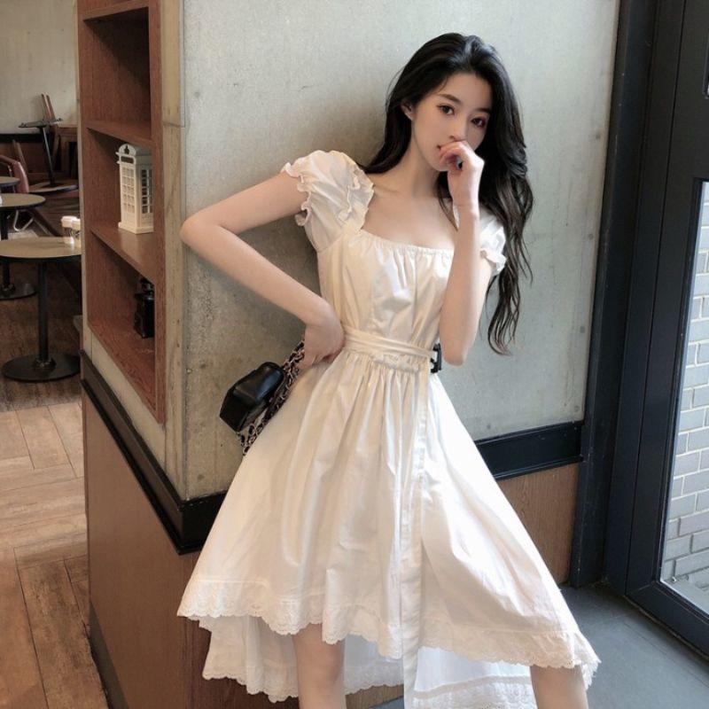 Summer French Retro Square Collar Waist Slim Design Sense White Short-sleeved Dress Women