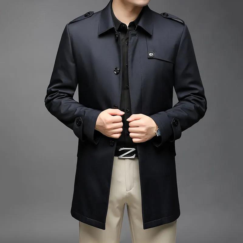 Men Silk Business Suit Lapel Button Top Casual Comfortable Coat Solid Color Parka Long