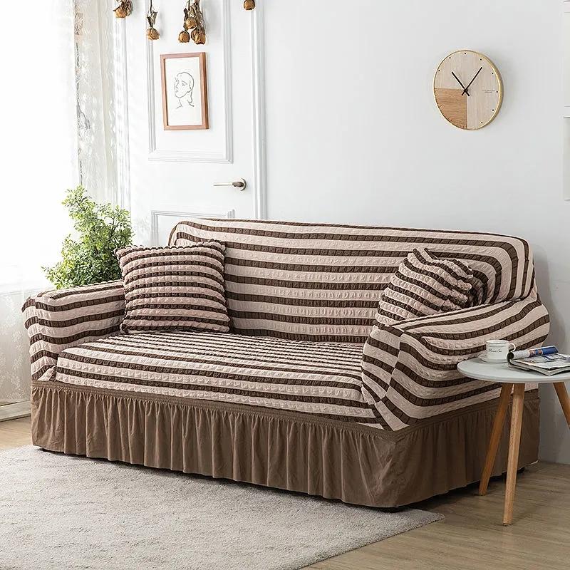 Stripe Sofa Cover with Skirt Elastic Sofa Slipcover for Living Room Bedroom Nordic Full Cover Sofa Cushion Universal Slip Cover 1/2/3/4 Seaters