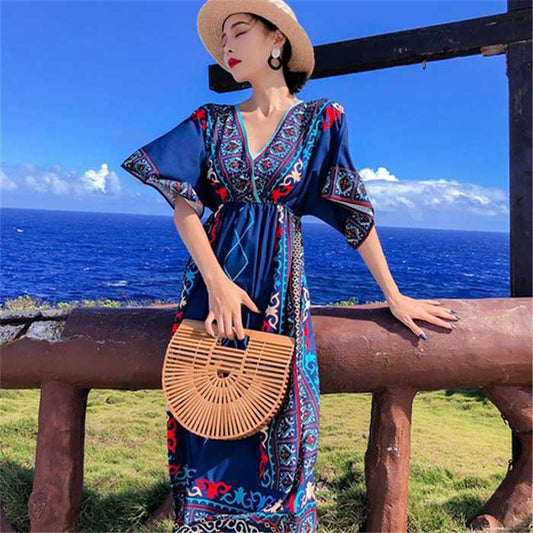 Pofulove Summer Women Printed Loose V-neck Dress Sun-dresses Short Sleeves Vacation Beach Skirt